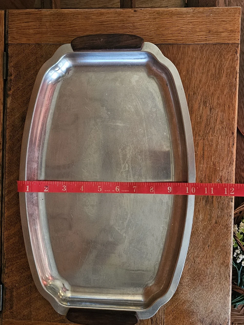 Vintage Danish Style Pewter Serving Tray with Teak Handles | Mid Century Modern